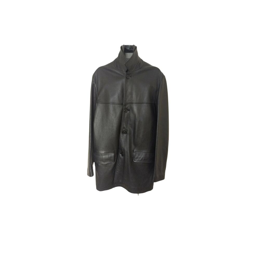 DKNY Men Black Thick Leather Long Jacket Coat Size Large Donna Karan Fashion